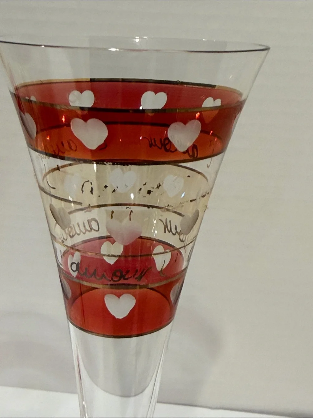 VINTAGE ETCHED HEARTS RUBY RED FLUTES CHAMPAGNE L'AMOUR 11